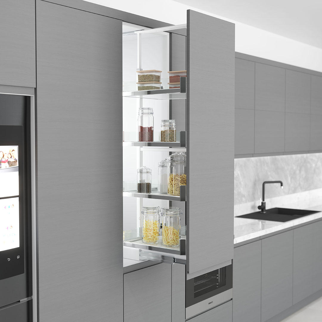 Apothekerauszug 300 mm mit geschlossenen Böden und softclose Blumsystem belastbar bis90 Kg 1850-2000 mm 
